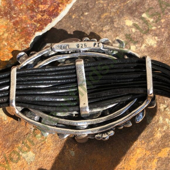 Sterling Silver Floral Buckle Bracelet on Black Leather Cording - Picture 3 of 5